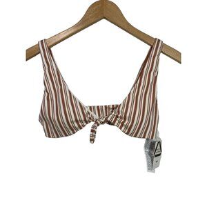 RVCA Bikini Top Tie Front Plunge Padded Striped Tan White Swim Top Womens S